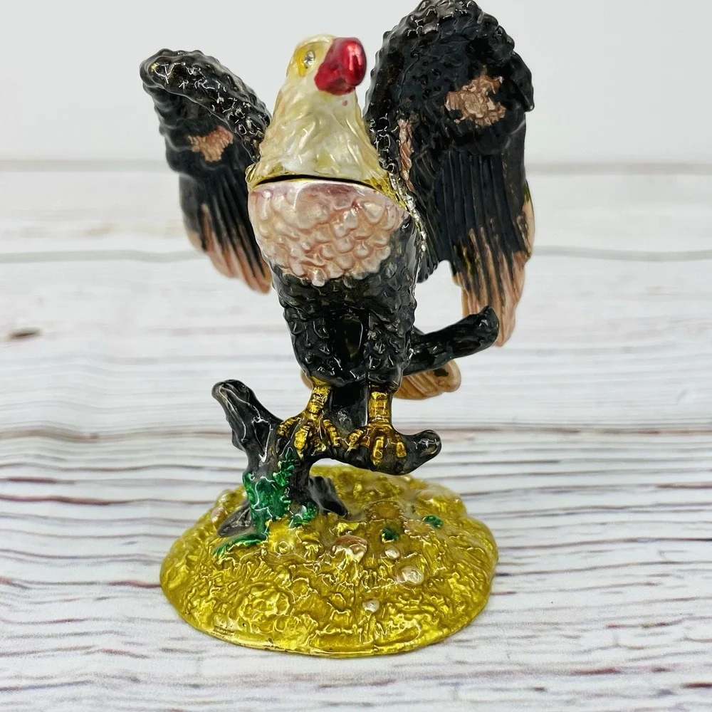Metal Jeweled Enamel Bald Eagle Trinket Box Rhinestones - Picture 6 of 9